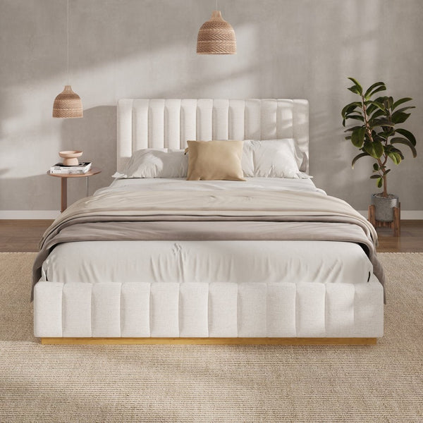English Elm Queen Upholstered Bed Linen Fabric Channel Stitched Headboard Solid Wood Base Support N757Q338166I