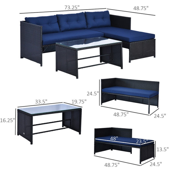 English Elm Loveseat Patio Set with Chaise and Glass Top Table Handwoven Rattan Outdoor Lounge T3971P386540
