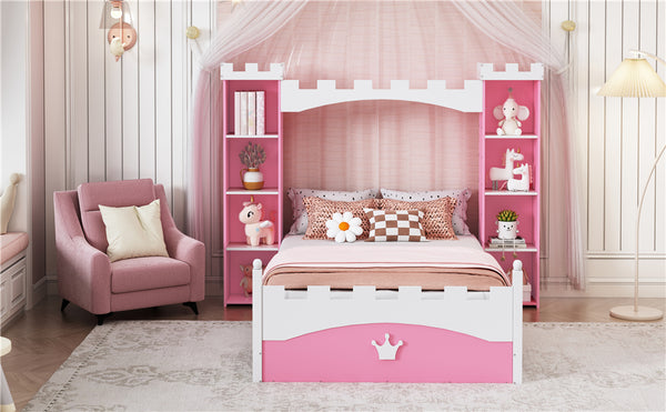 English Elm Castle-Shaped Twin Bed with Crown Footboard and Built-In Shelves, Sturdy MDF/Pine Frame for Kids Pink+White 56.69 L x 17.72 W x 5.51 H N733S177379H