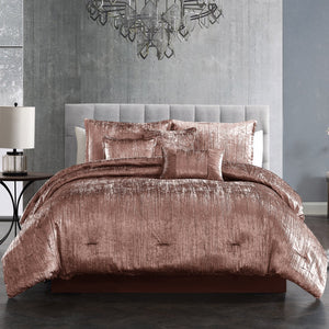 English Elm Turin Blush Crinkle Velvet 7PC Queen Bedding Set – Luxurious Textured Velvet, Reversible Shams & Pillows B340P342000