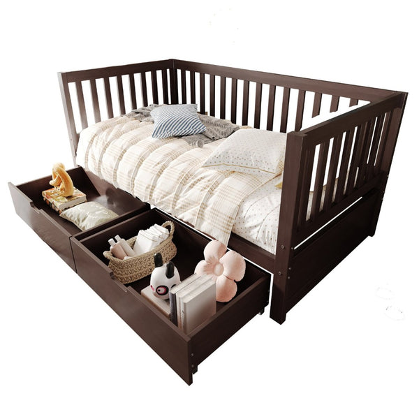 English Elm Convertible Toddler Daybed Solid Pine Kids Bed with Storage Drawers and Removable Rails Espresso N899P429848N