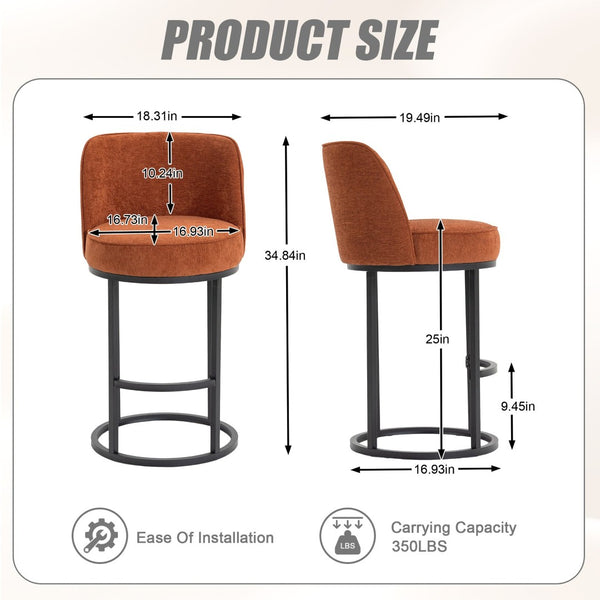 English Elm Counter Height Barstools Set of 2 Linen Upholstered Barrel Seat with Iron Legs Orange W395P410432