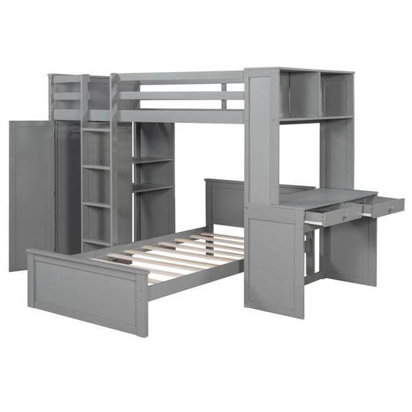 English Elm Twin Loft Bed System with Wardrobe Desk and Shelving for Kids Shared Bedroom Gray LT000820AAE-1