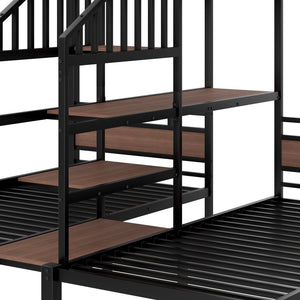 English Elm Twin Triple Bunk Bed Black Metal Frame with Built-in Storage Stairs and Shelves W1580S00619
