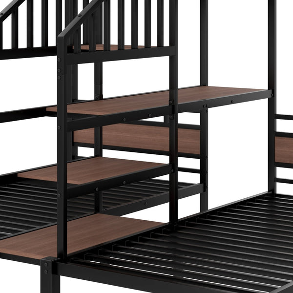 English Elm Twin Triple Bunk Bed Black Metal Frame with Built-in Storage Stairs and Shelves W1580S00619