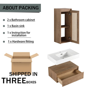 English Elm 30 Inch Wall-Mounted Bathroom Vanity With Soft-Close Drawer & Resin Sink, Space-Saving Design W999S00348