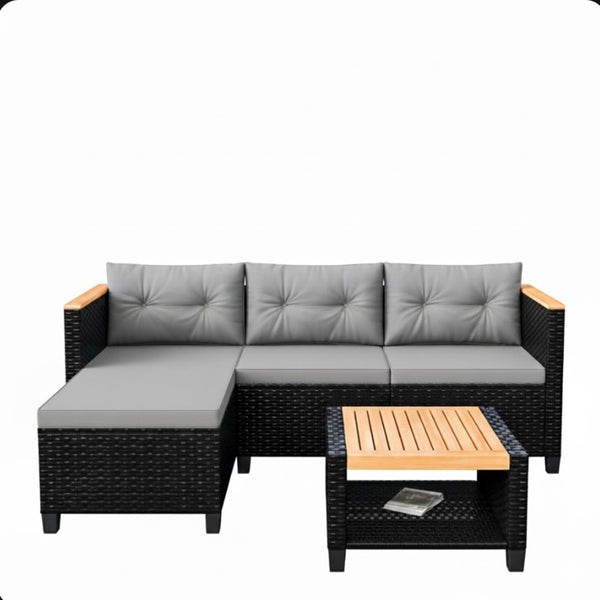 English Elm 3-piece Outdoor Pe Rattan L-shaped Sectional with Acacia Storage Table for Patio Black+Grey B082P455129