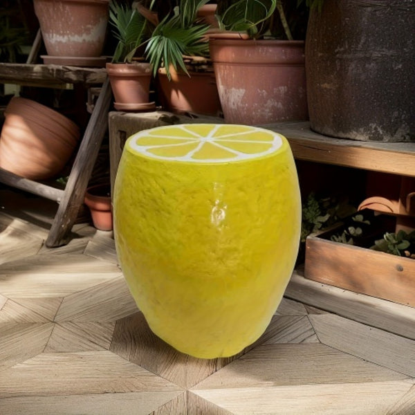English Elm Yellow Lemon Shaped Resin Stool Playful Citrus Accent for Patio Sunroom or Kitchen W5709P493646