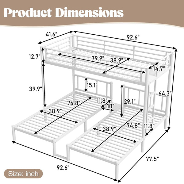 English Elm Twin Triple Bunk Bed Metal L-shaped Frame Sleeps Three Kids White Finish White W1580S00616