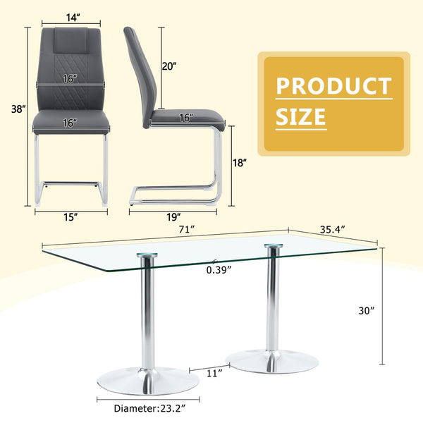 English Elm Table and Chair Set Extendable Mdf Round Oval Dining with 6 Gray Pu Seats Dark Gray,Silver,Transparent W1151S04550