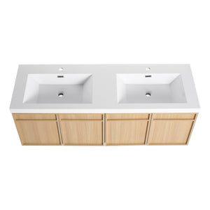 English Elm 60" 60" Wall-Mounted Bathroom Vanity with Double Resin Sink, 4 Soft-Closing Doors, Oak Finish W1972P315223