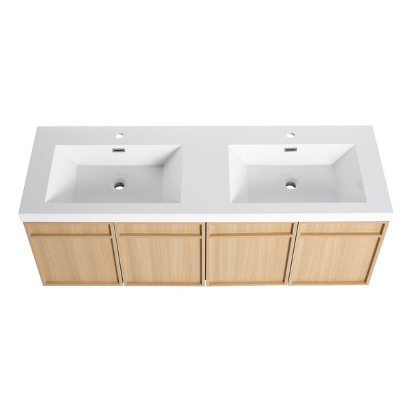 English Elm 60" 60" Wall-Mounted Bathroom Vanity with Double Resin Sink, 4 Soft-Closing Doors, Oak Finish W1972P315223