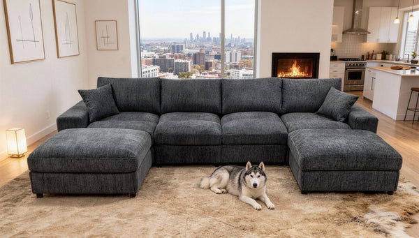 English Elm Sectional with Ottomans Low Profile Modern Minimalist Sofa for Open Living Rooms Blue Gray B2748S00089