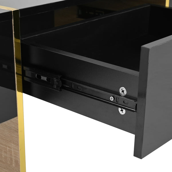 English Elm ON-TREND 47.2" x 31.4" High-Gloss Minimalist Coffee Table with 2 Drawers, Golden Wood-Grain Legs, Modern Centerpiece for Living Room Black N721P180693B