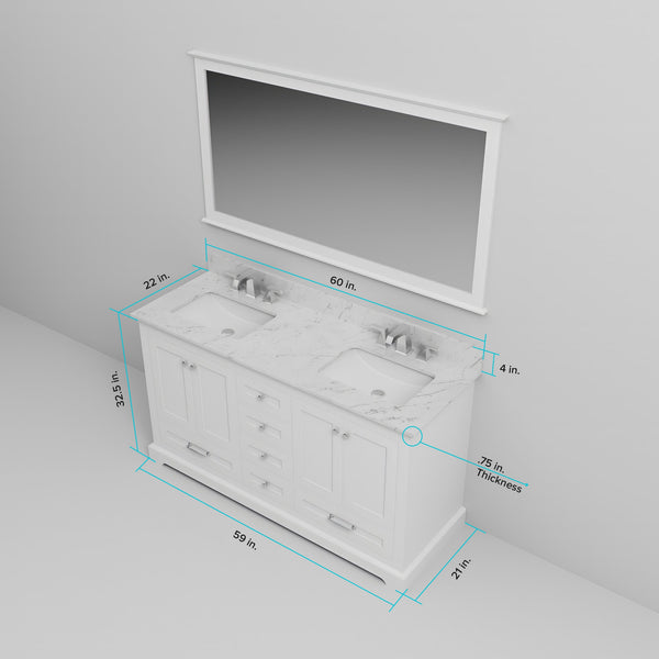 English Elm White Double Bath Vanity 60 in with Carrara Marble Top, 6 Drawers, Soft Close, 58 in Mirror Included B2731S00655