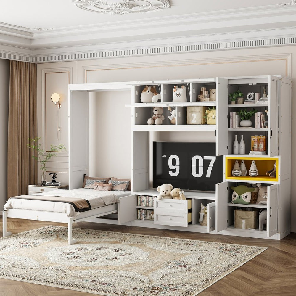English Elm Twin Murphy Wall Bed with Integrated Tv Stand Open Shelving and Cabinet Storage LP000768AAK