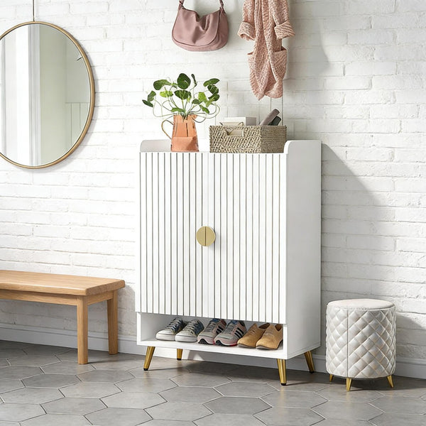 English Elm Rustic Seven Tier Shoe Cabinet with Swing Doors Adjustable Entryway Organizer Gold,White T3971P448652