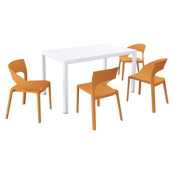 English Elm Tropical 4-Chair and Table Set — Weatherproof Polypropylene Seating with Powder-Coated Metal Legs, Ergonomic Design Tropical Orange,White W3450S00048