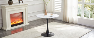 English Elm Round Faux Marble Tulip Pedestal Dining Table Mid Century Modern for Small Bistro Spaces Black White W2920P400972
