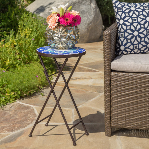 English Elm Christopher Knight Home® - Outdoor Folding Accent Table Ceramic Tile Glass Top with Iron Frame, Blue & White Patio Pop-up Charm 61300.00