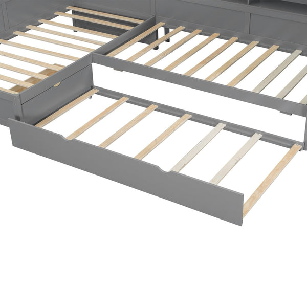 English Elm Wood Twin L-shaped Platform Bed Trundle Shelves Charging Station Kids Room Grey N7090001045E-1