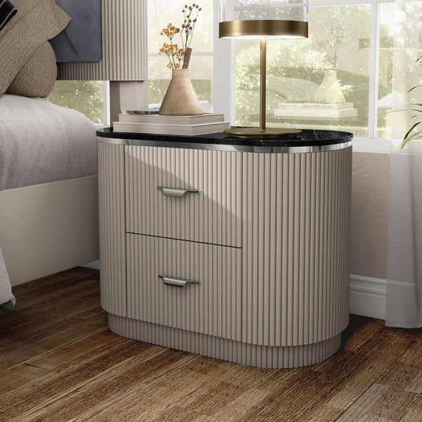 English Elm Contemporary Stone Top Nightstand Reeded Drawers Chrome Pulls Gray Bedroom Storage B2741P435313