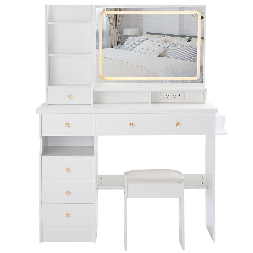English Elm 41" Large Desktop Vanity Table Set With Cushioned Stool, Led Mirror, Power Station & Hair Dryer Stand W936P230830