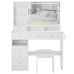 English Elm 41" Large Desktop Vanity Table Set With Cushioned Stool, Led Mirror, Power Station & Hair Dryer Stand W936P230830