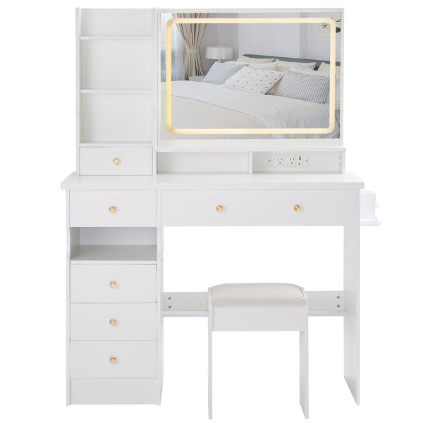 English Elm 41" Large Desktop Vanity Table Set With Cushioned Stool, Led Mirror, Power Station & Hair Dryer Stand W936P230830