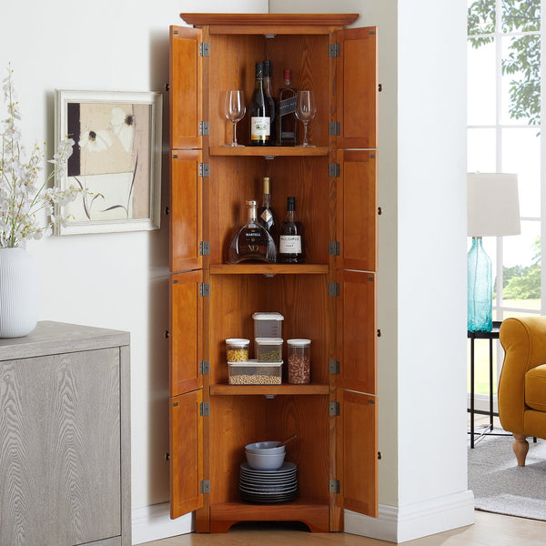 English Elm 4-Tier Corner 8-Door Cabinet with 4 Shelves — Space-Saving Farmhouse Storage for Kitchen Living Room Office Oak W2275P269083