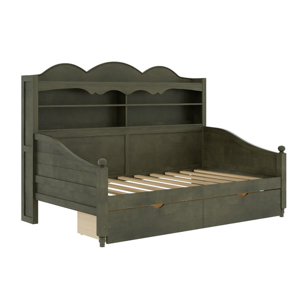 English Elm Twin Daybed Retro Wood Frame with Under Bed Drawers and Headboard Shelving Antique Grey N733S415358E