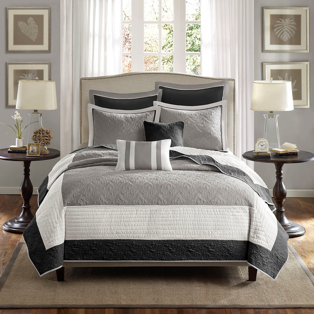 English Elm 7 Piece Attingham Reversible Quilt Set Full/Queen in Neutral Black Ivory Grey with Euro Shams Black 22.64 L x 17.91 W x 9.06 H B03597420