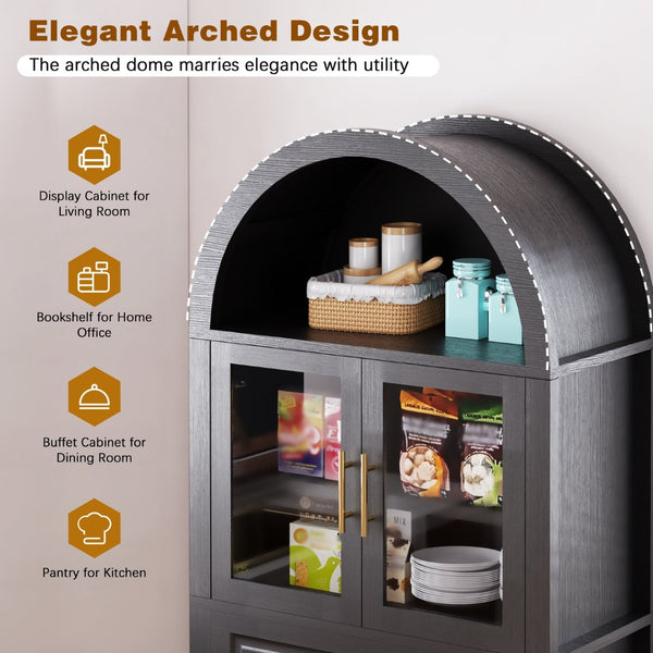 English Elm 71" Arched Glass Barn Door Pantry Cabinet Farmhouse Mdf Storage for Kitchen Dining Black W2917S00016