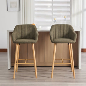 English Elm Modern Linen Upholstered Barstools with Oak Legs Armrests and Footrest for Kitchen Islands Green W395P396315