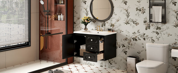 English Elm 30" Mid-Century Bathroom Vanity with Ceramic Sink, Rattan Accent, 2 Soft-Close Drawers, Large Storage Space N710P265954B