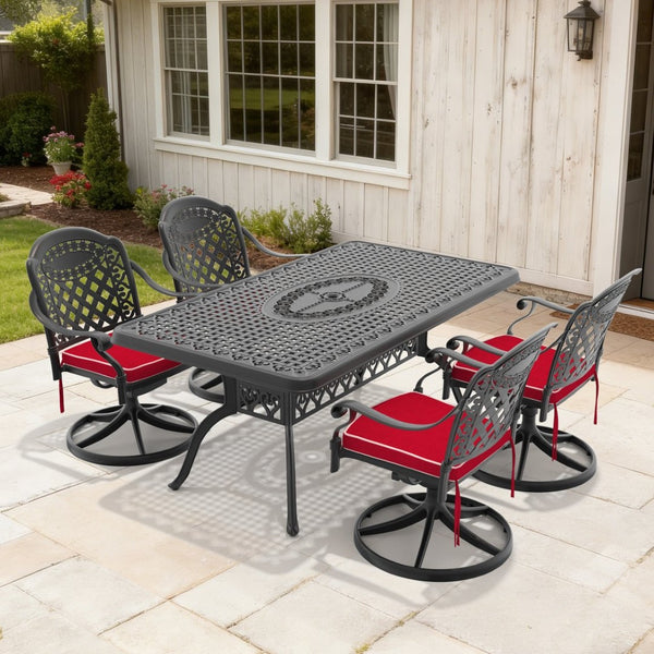 English Elm 5-piece Outdoor Cast Aluminum Dining Set with Swivel Chairs and Ornate Carved Patio Table W1710S00319