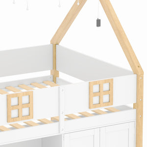 English Elm Twin-size Pine Low Loft Bed with House Canopy Step Stairs Storage Cabinet Led Lights N7090005032K
