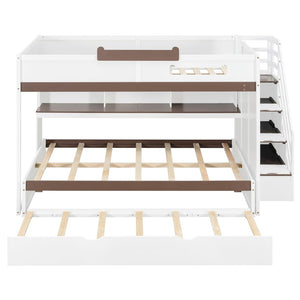 English Elm House-shaped Pine Bunk Bed with Built-in Slide Storage Staircase Twin Over Full Kids Frame White N820S00067K