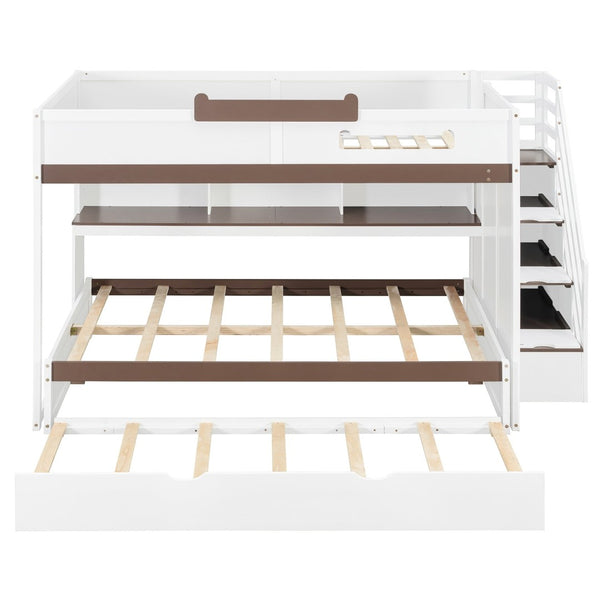 English Elm House-shaped Pine Bunk Bed with Built-in Slide Storage Staircase Twin Over Full Kids Frame White N820S00067K