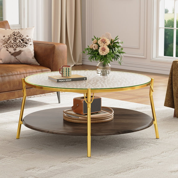 English Elm Modern 47.2" Rectangular Coffee Table with Sleek Black Top, Gold Metal Base and Four Drawers for Stylish Storage and Durable Contemporary Living Room Furniture Gold+Glass,Walnut N735P350390D