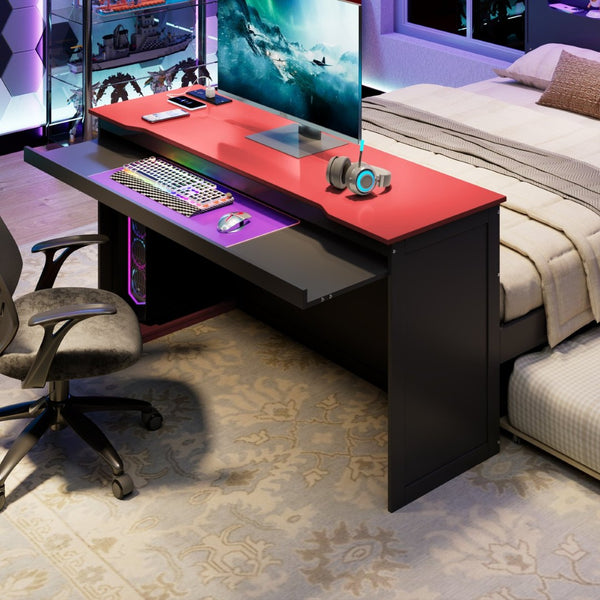 English Elm Full Size Wood Platform Daybed with Trundle Desk Rgb Led Lighting Gaming Bedroom Black+Red LT000284AAR