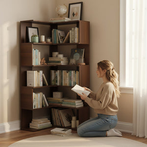 English Elm 6 Tier Corner Bookcase Tall L Shaped Walnut Mdf Open Shelving Unit for Home Office W3204P442028