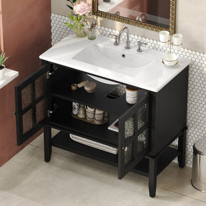 English Elm Christopher Knight Home® - 36" Bathroom Vanity with Ceramic Sink, Solid Wood Legs, Waterproof Finish, Soft-Close Hinges, Open Shelf, Silver Knobs Black N817P286249B