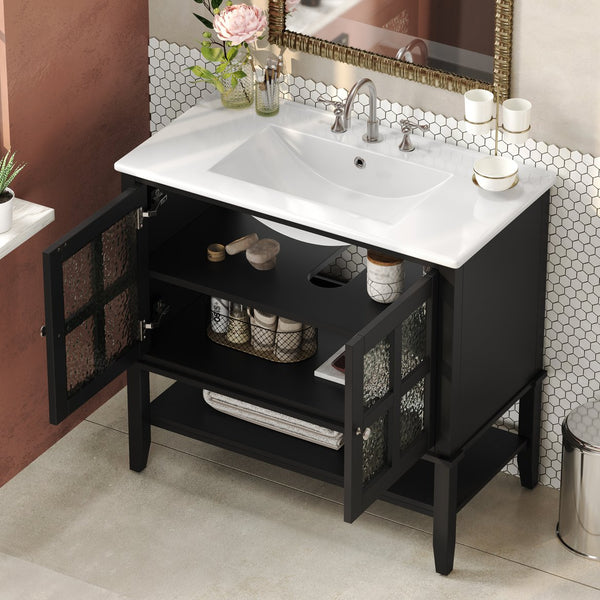 English Elm Christopher Knight Home® - 36" Bathroom Vanity with Ceramic Sink, Solid Wood Legs, Waterproof Finish, Soft-Close Hinges, Open Shelf, Silver Knobs Black N817P286249B