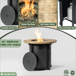 English Elm 30" 50000BTU Propane Fire Pit Table with Faux Wood Grain Top, Stainless Burner, Glass Rocks, Black W853P194144