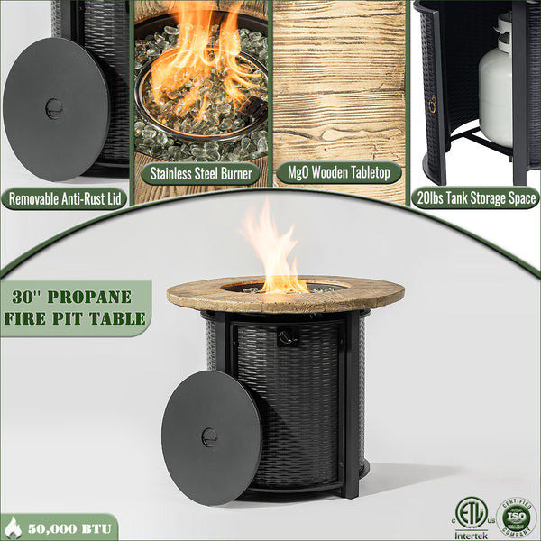 English Elm 30" 50000BTU Propane Fire Pit Table with Faux Wood Grain Top, Stainless Burner, Glass Rocks, Black W853P194144