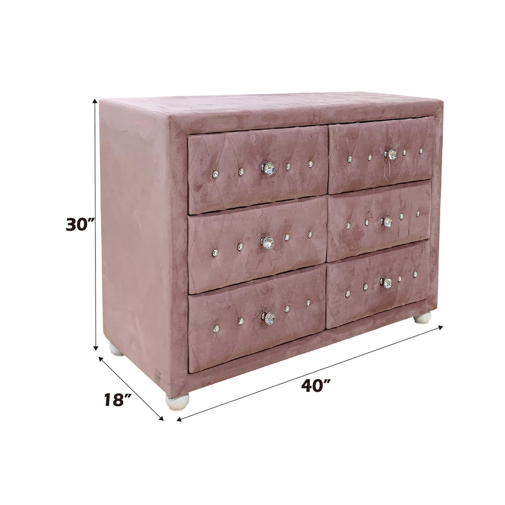 English Elm Reggie Pink Fabric Dresser with 6 Spacious Drawers, Upholstered Soft Fabric, Durable Wood Blend, 70lb Top Capacity, Smooth Metal Glide, Dovetail Construction, Safety Stop Included B2726P286648