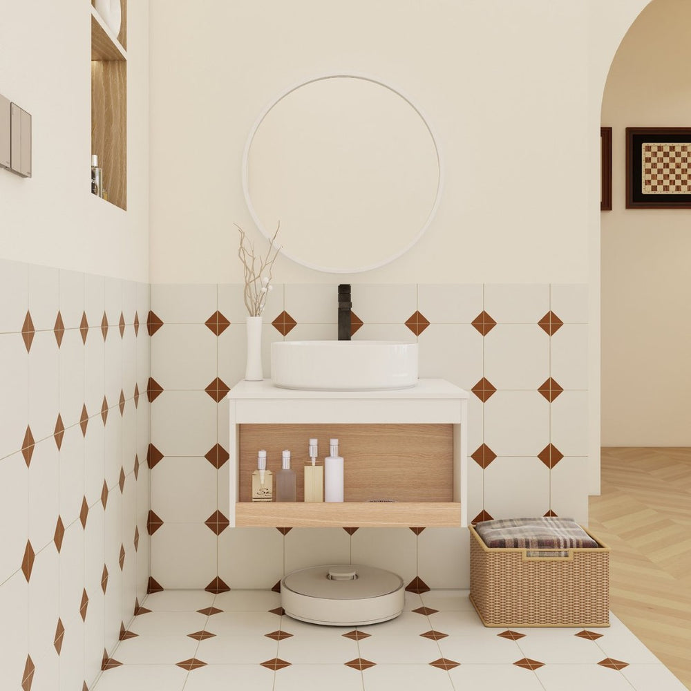 English Elm 24" Floating Oak Plywood Bathroom Vanity Set with Glossy Resin Sink Scandinavian Style W3450S00051