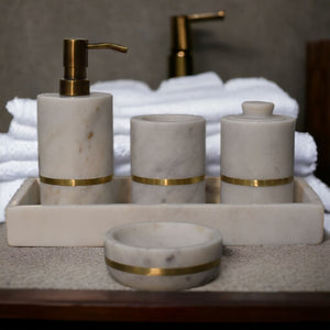 English Elm Brass Inlay White Marble Five Piece Bathroom Accessory Set with Round Silhouette B182P186299