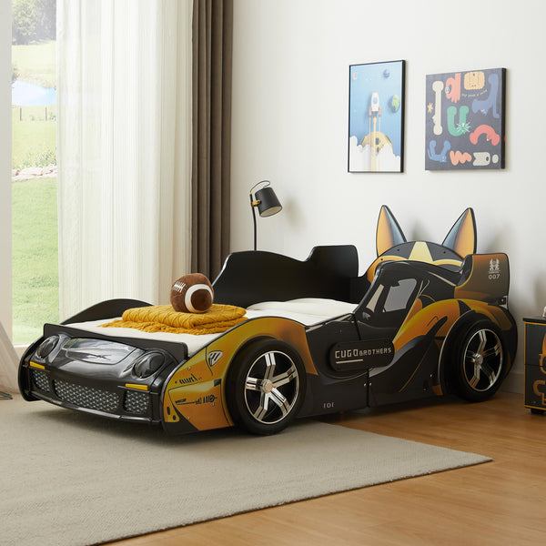English Elm Cool Cartoon Car Bed with LED Headlights, Black & Yellow Racing Dog Design, Safe Rounded Rails, Sturdy MDF Frame for Kids W2237S00018